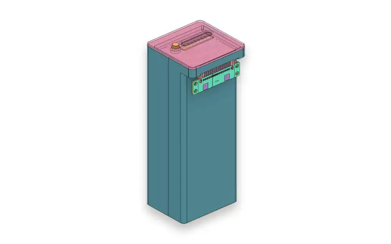 Render of the smart battery enclosure: a tall housing with a pink top cover and a contact strip on its side.