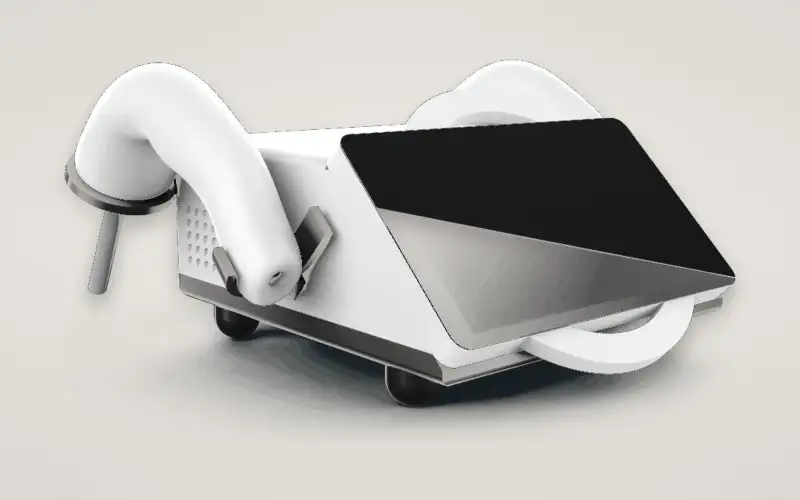 Render of EKKO Clinic V1: an angled screen on a low white base, with a curved wand docked on each side.