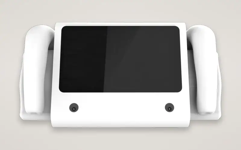 EKKO Clinic V2 from the front: the screen and two buttons, with a wand docked on each side.