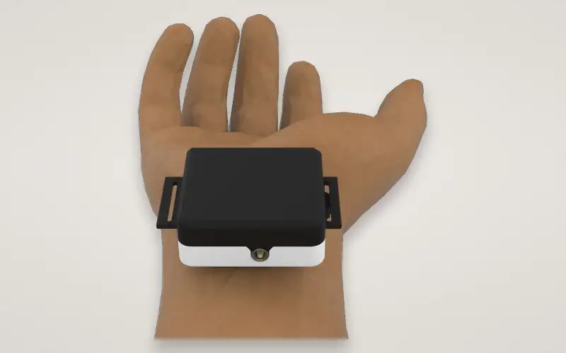 Render of the EPIC wearable strapped to the inside of a wrist.