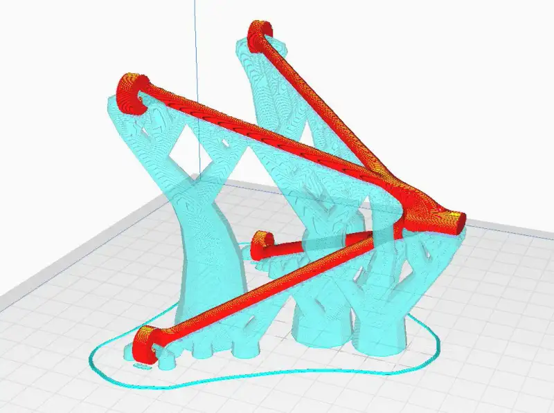 The bracket in the slicer, with its support structures in blue.