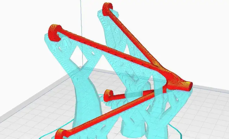 Closer view of the bracket and its supports in the slicer.