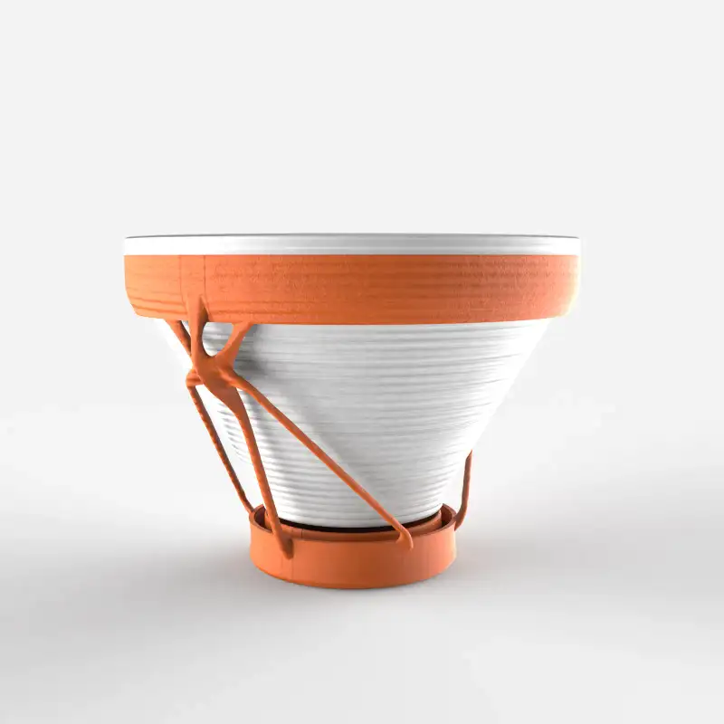Close render of a white pot with an orange lattice base.