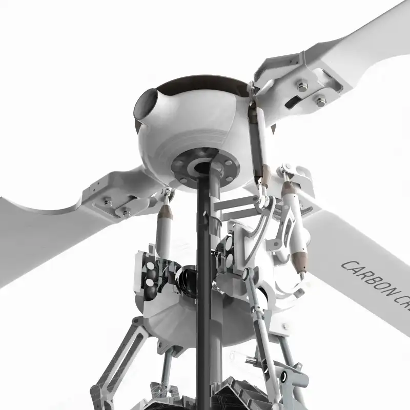 Close render of the hub, the blade grips and the pitch links.