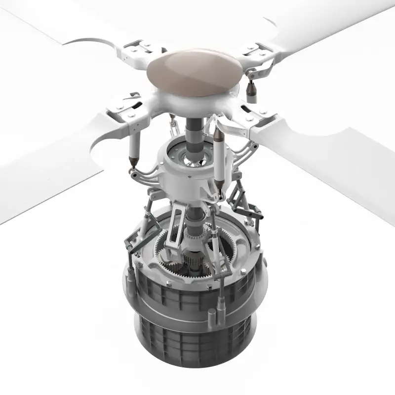Render of the full rotor head from below, with the swashplate and the drive gear.