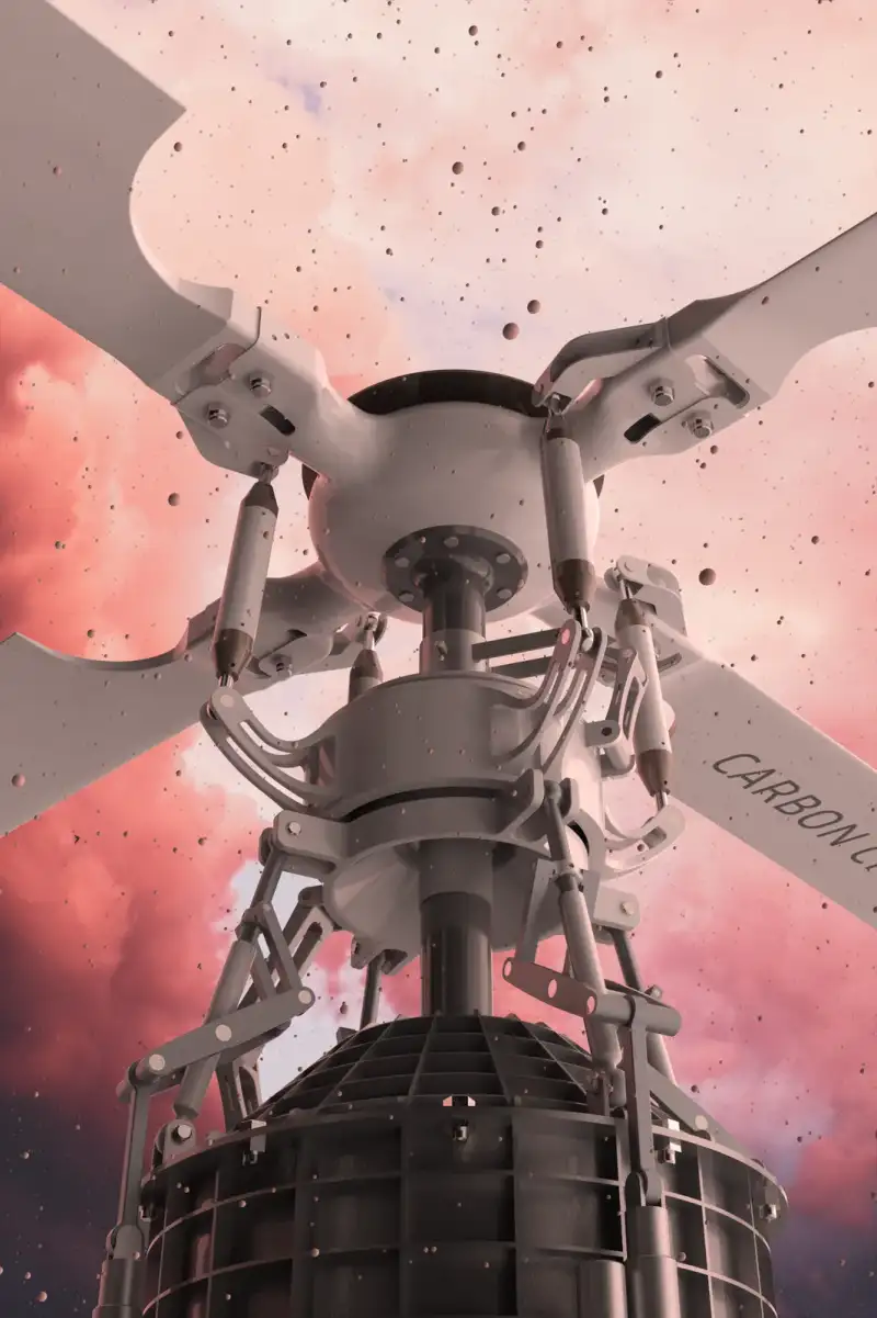 Render of the rotor head against a pink sunset sky.