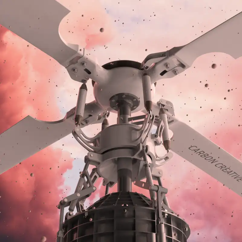 A wider render of the rotor head and blades against the sky.