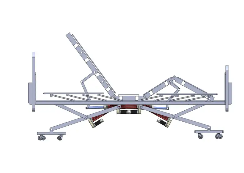 Drawing of the final bed assembly, showing its adjustable frame and base.