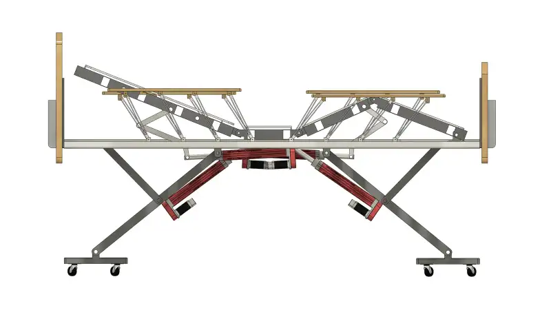 Render of the adjustable bed frame with its actuators in red.