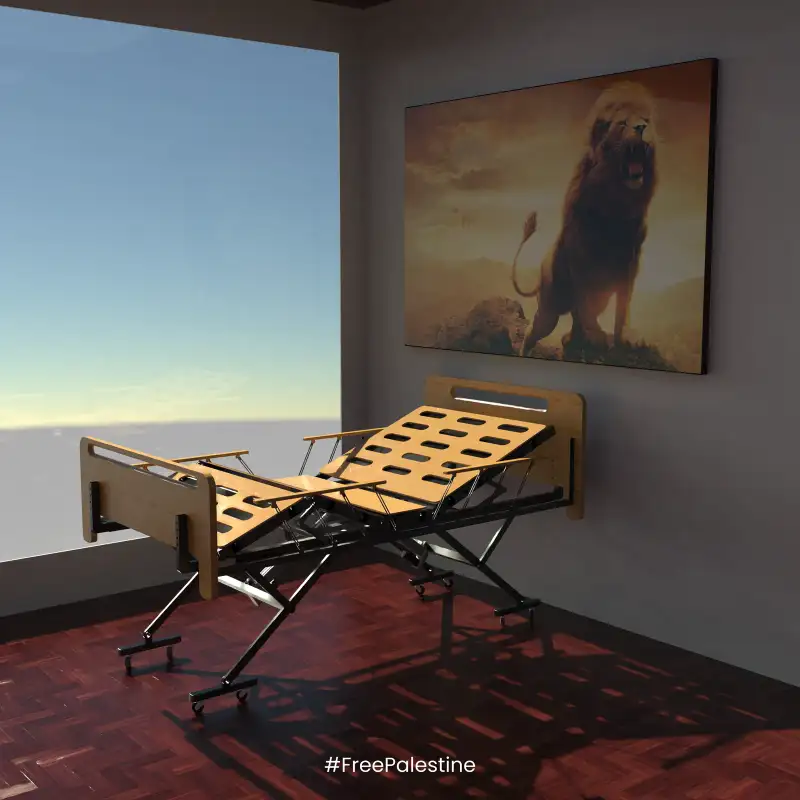 Realistic render of the bed in a dim room with a framed picture on the wall.