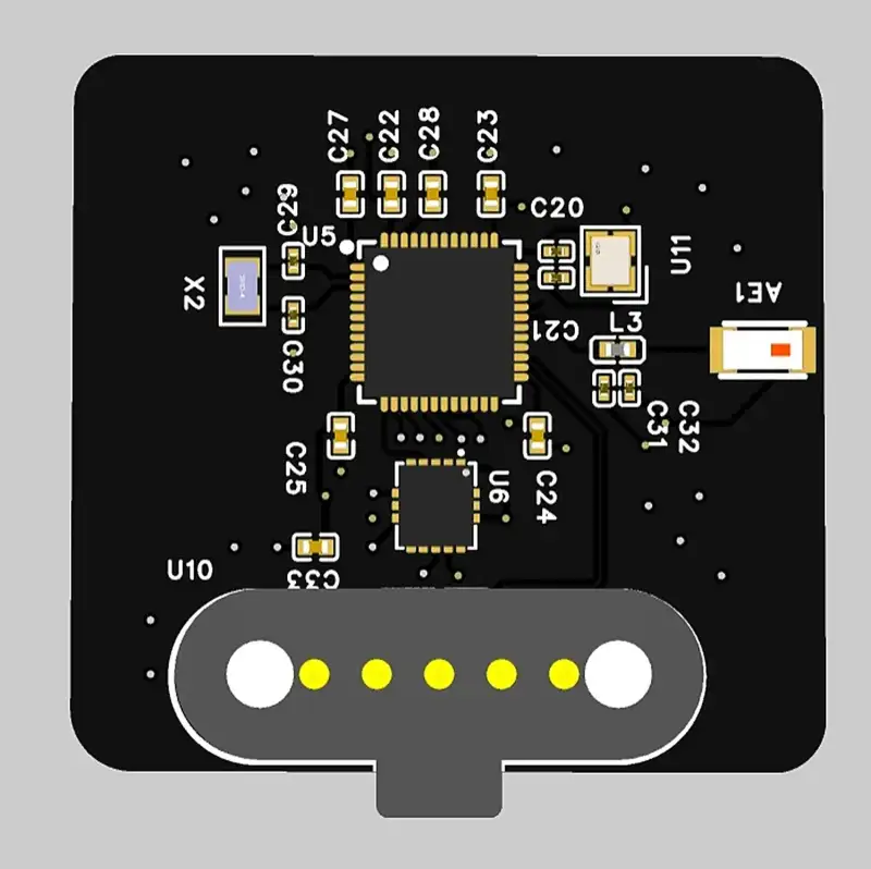 Top side of the board, with the nRF chip and the pogo-pin contacts.