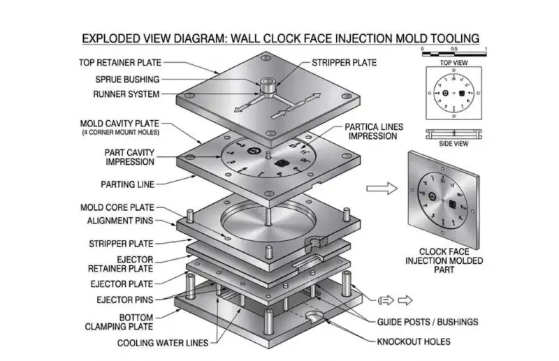 Exploded diagram of the clock face mould: plates, sprue, runner, ejector pins and cooling lines.
