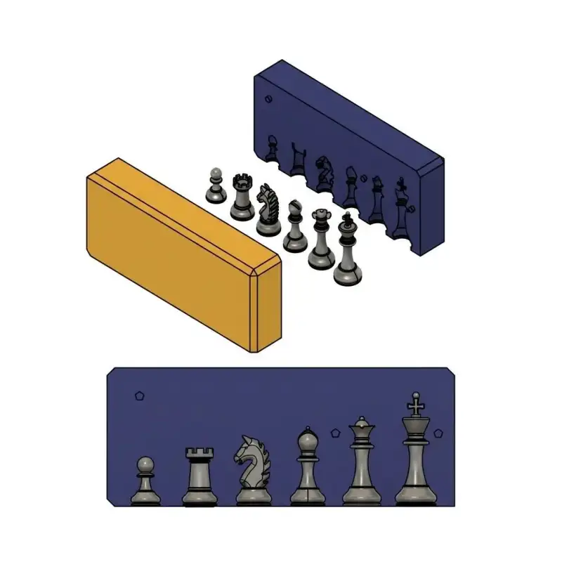 The six-cavity chess mould with a full set of pieces.