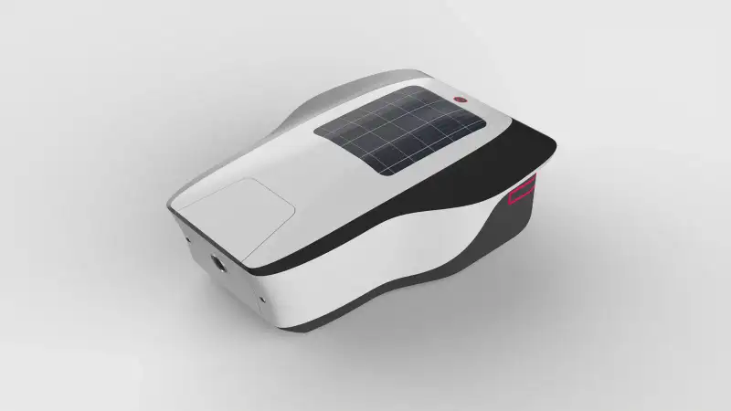 Side render of the lawn mower in white and grey.