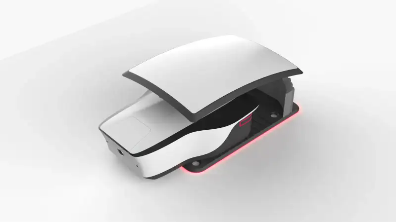 Close render of the curved canopy and white body of the lawn mower.