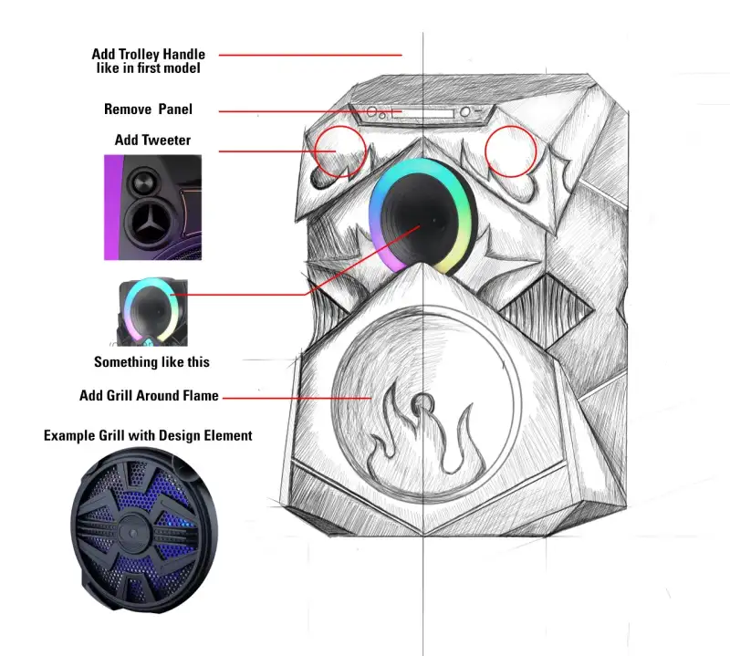 Annotated sketch of the revised speaker, with notes on the handle, the tweeter and the flame grille.