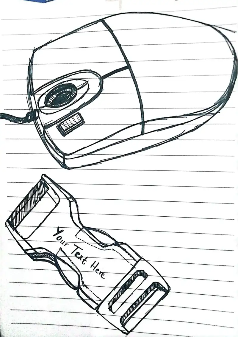 Sketches of a computer mouse and a strap buckle.