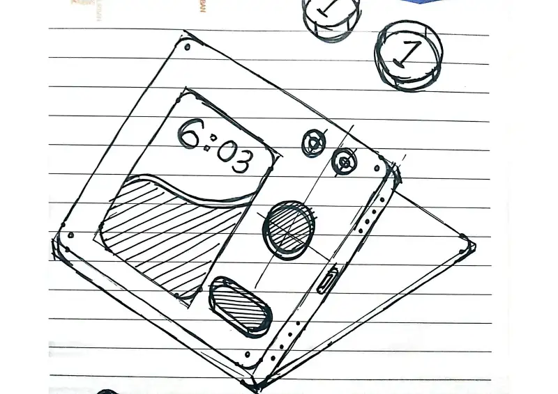 Sketch of a desk radio with a clock face reading 6:03 and round controls.