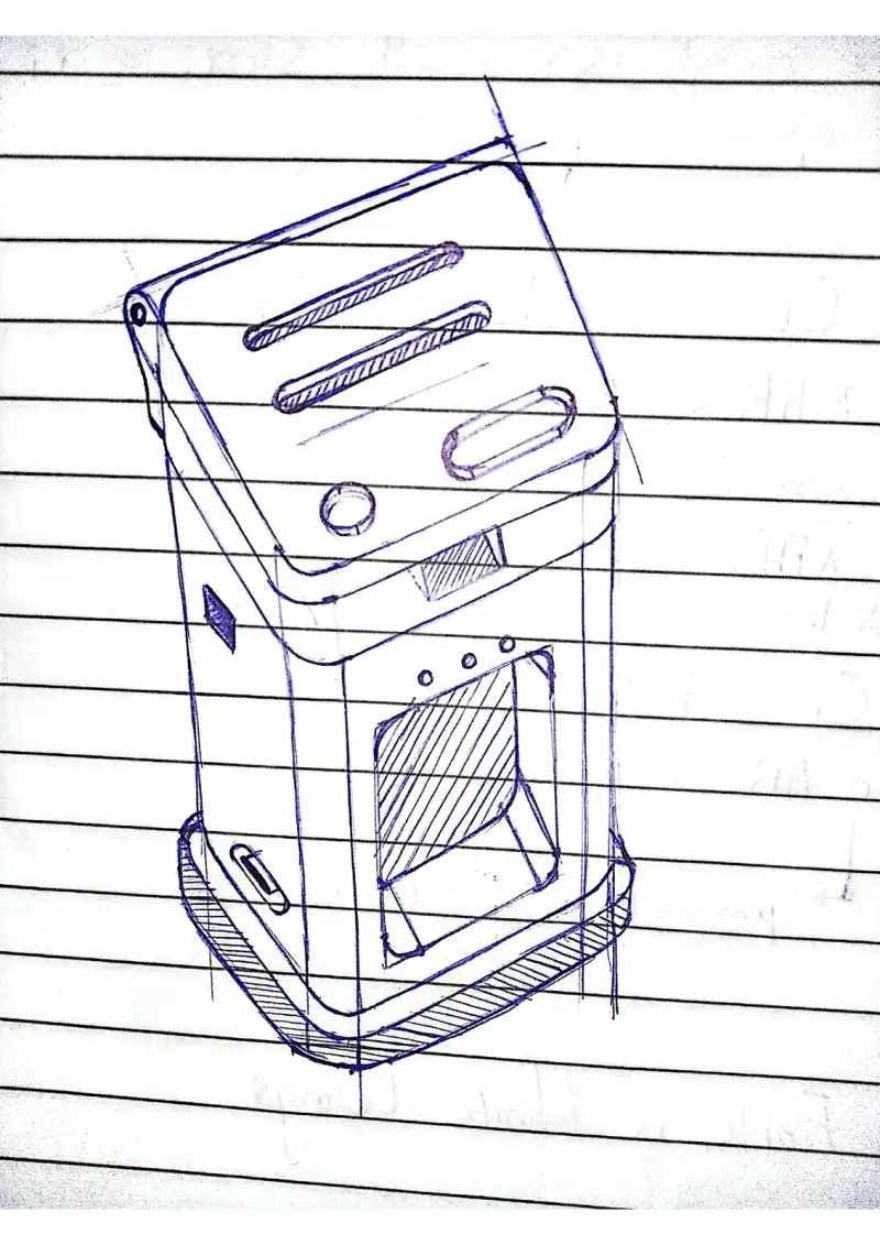 Sketch of a lantern-like speaker with slotted panels.