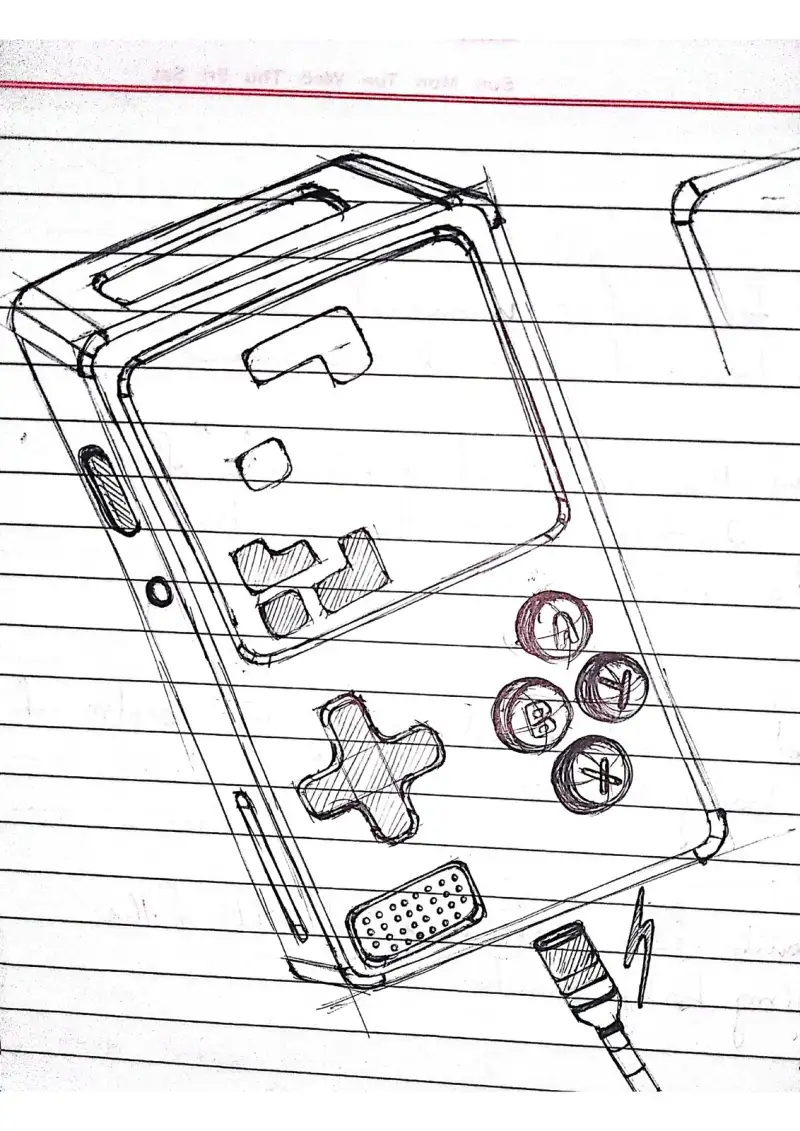 Sketch of a handheld games console with a D-pad and buttons.