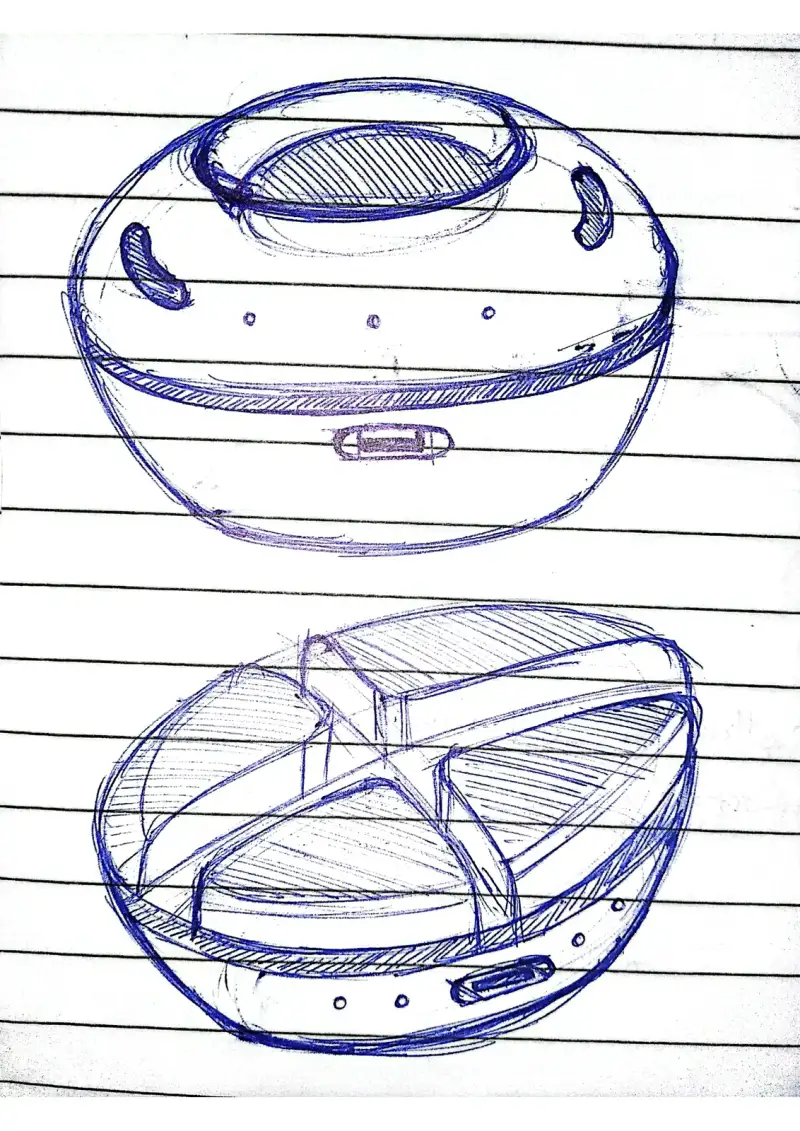 Sketches of a round lidded container, closed and open.