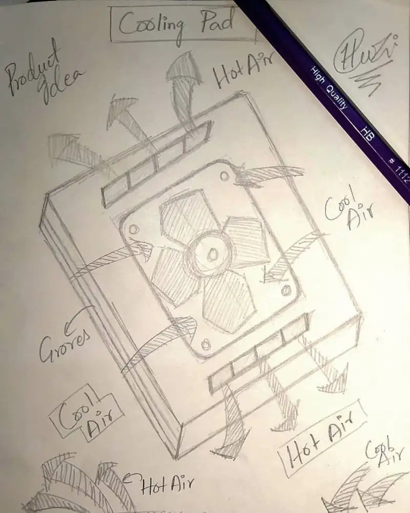 Pencil sketch of a laptop cooling pad with its airflow arrows.