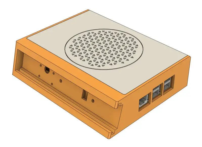 Render of the closed enclosure, with its round vent pattern and port openings.
