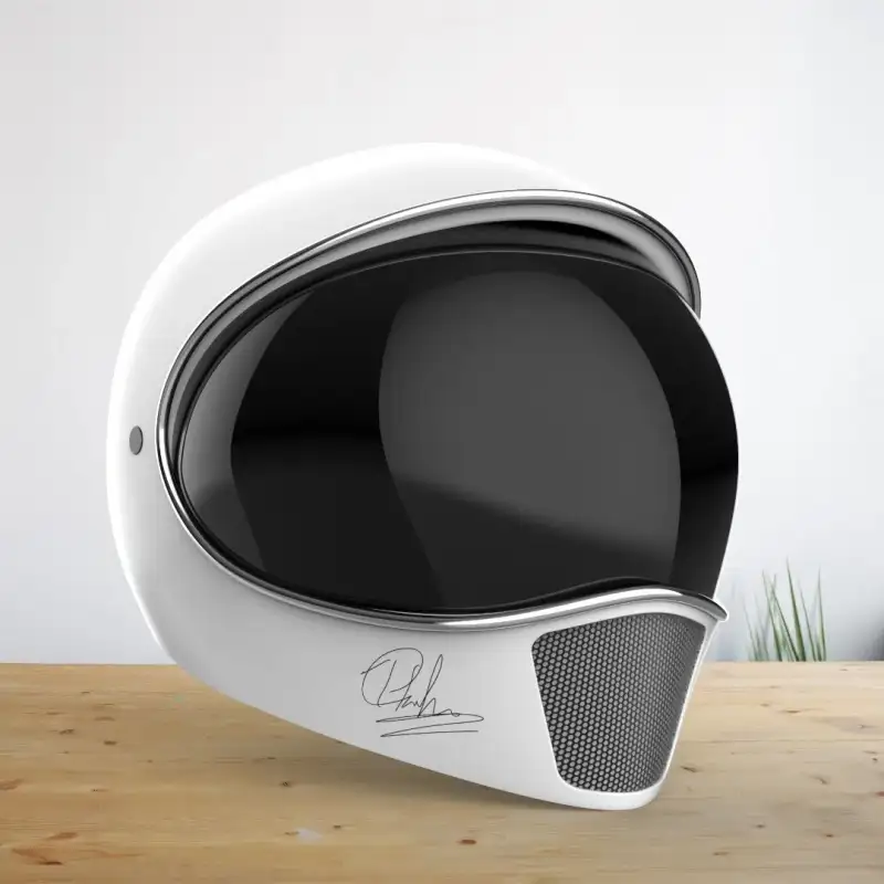 Render of a white space helmet with a black visor on a wooden table.