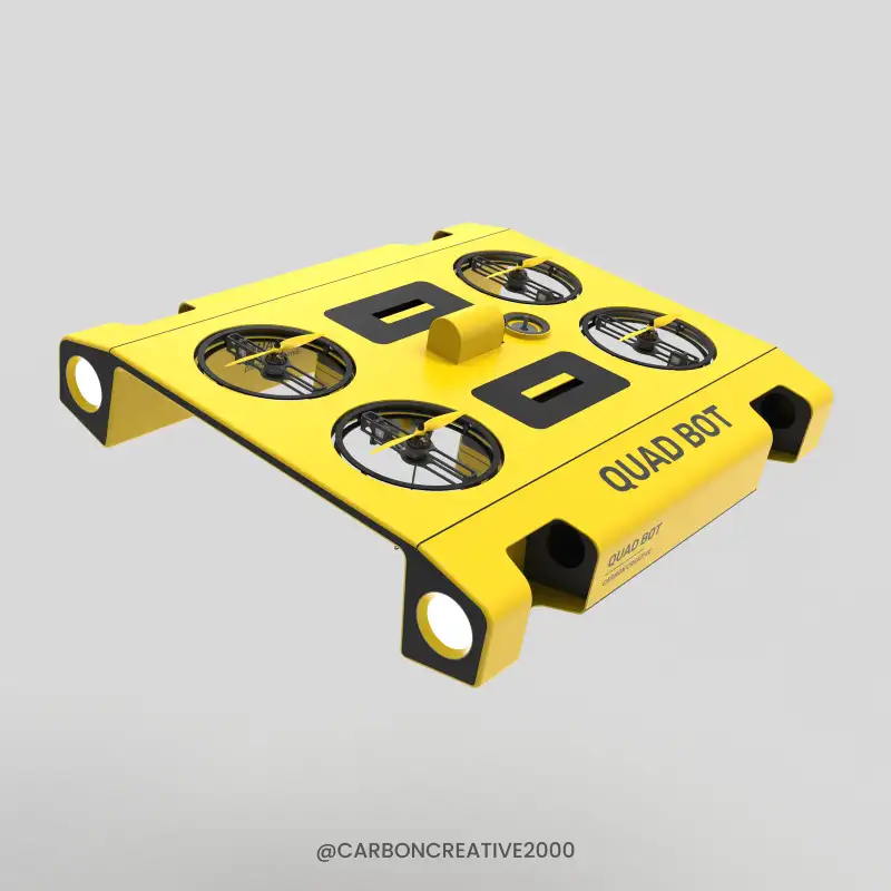 Render of a yellow four-wheeled robot labelled Quad Bot.