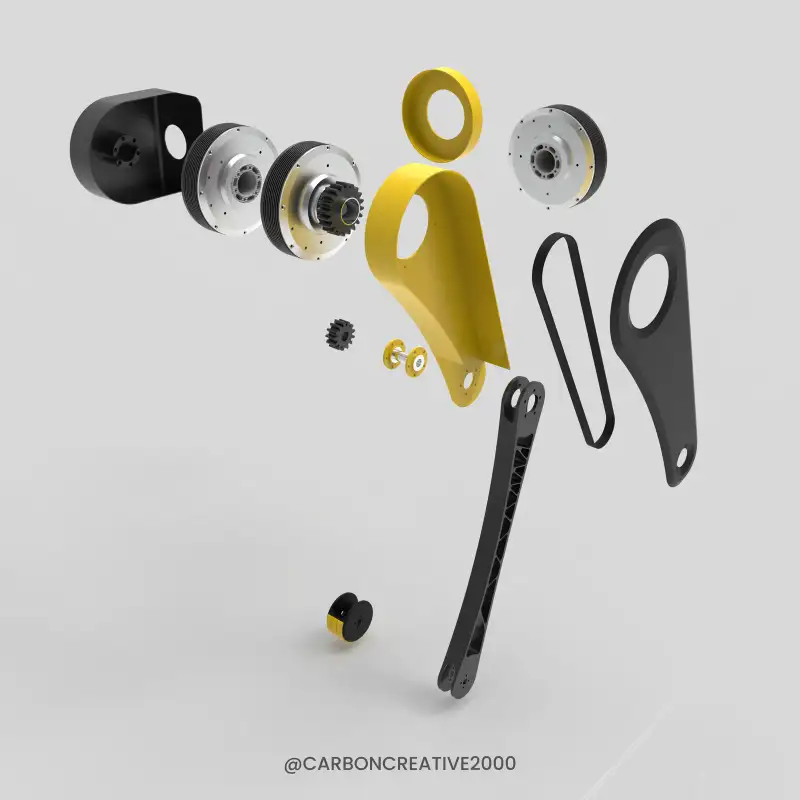 Exploded render of a yellow mechanism with wheels, arms and fasteners.