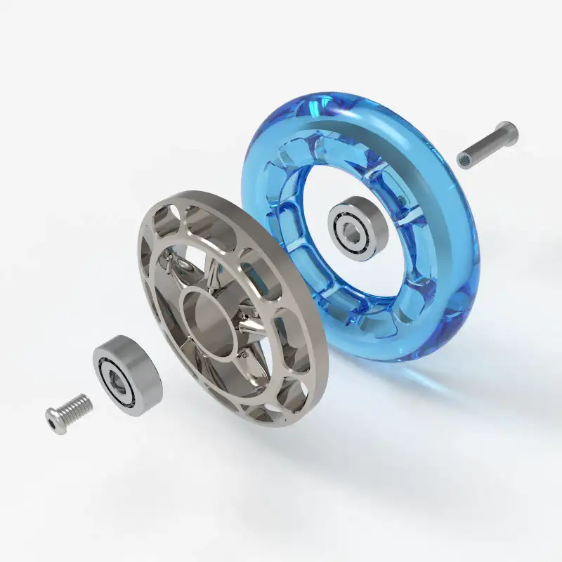 Exploded view of a translucent blue wheel with bearings and hardware.