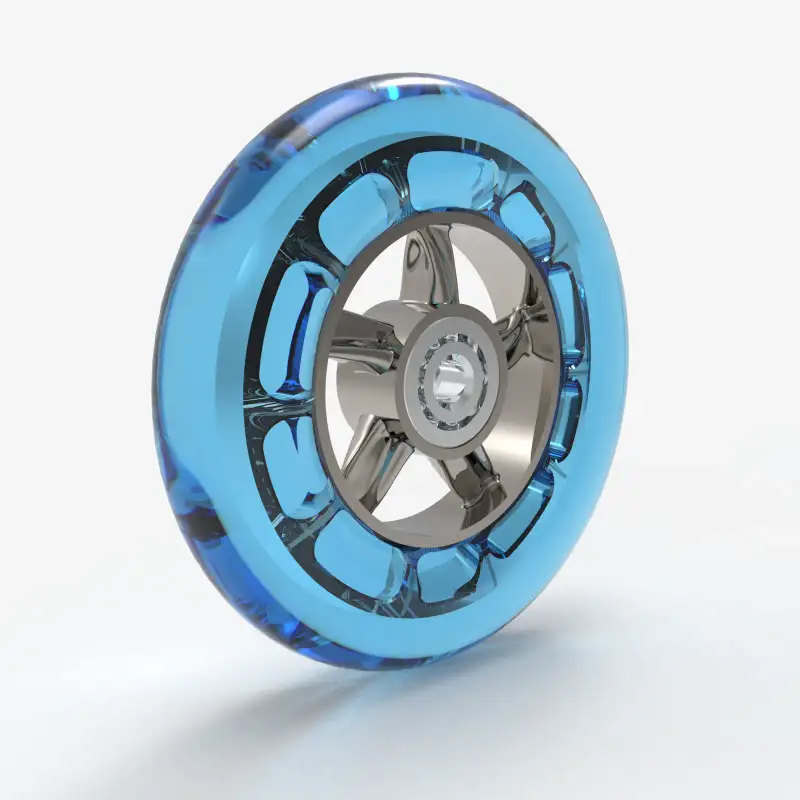 Close render of a translucent blue wheel with a metal hub.