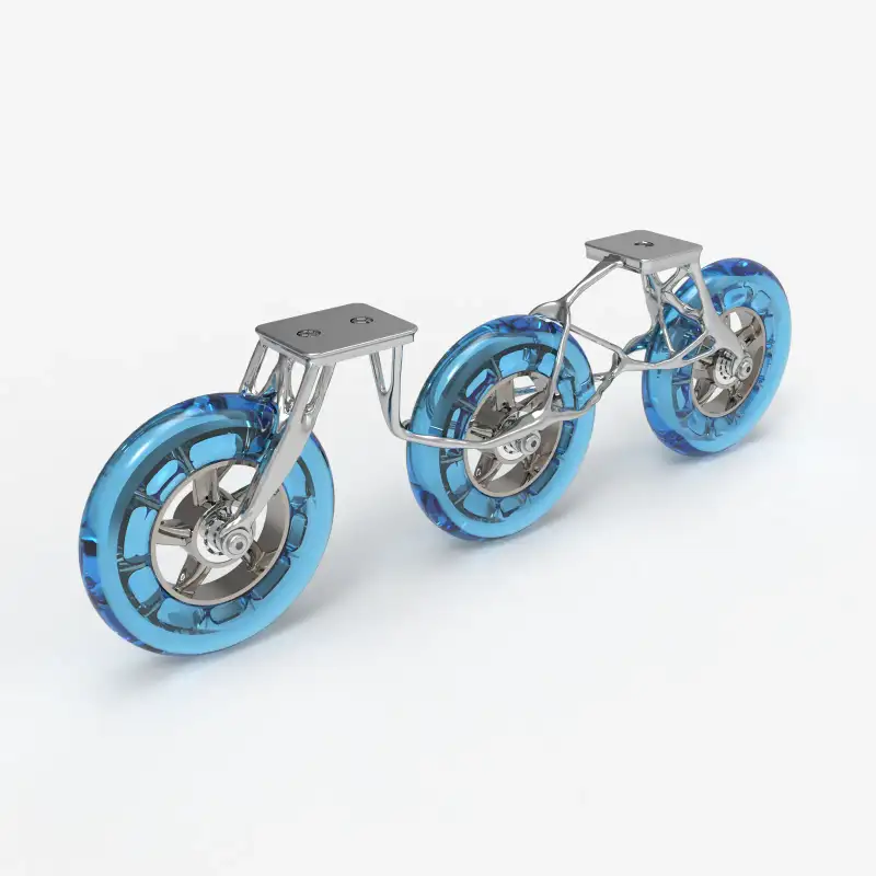 Render of the roller blade with three blue wheels.