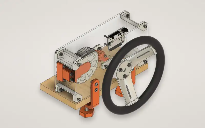 Render of the kit: a gear train and motor behind a clear acrylic plate on a wooden base, with orange printed clamps and a steering wheel.
