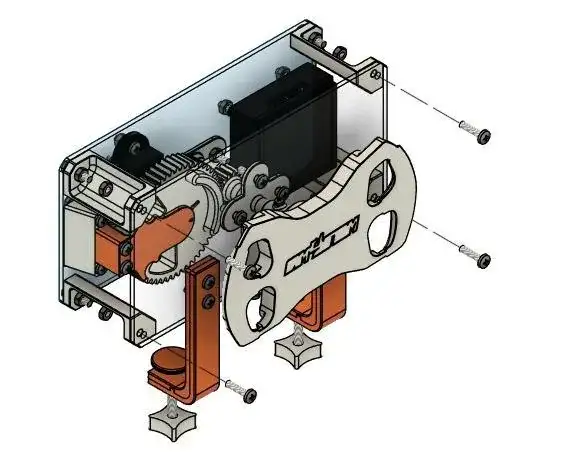 Exploded render of the steering assembly, with its screws drawn out.