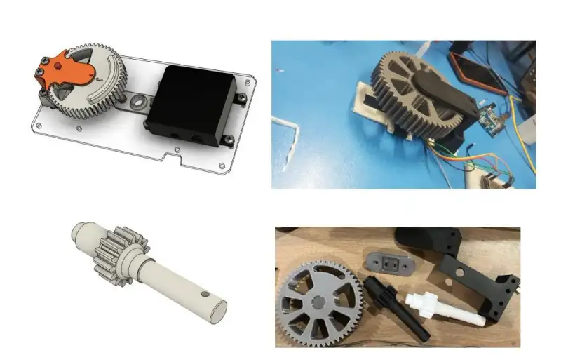 Renders and photos of the printed spur gear, the pinion shaft and the motor housing on the acrylic plate.