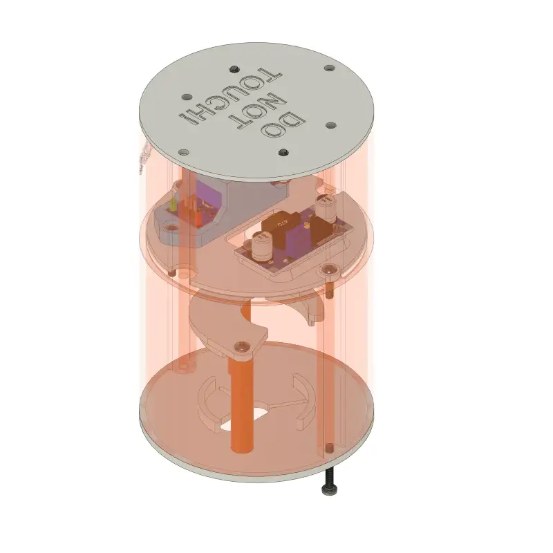 Exploded, see-through render of the casing’s stacked layers, with a lid marked Do Not Touch.