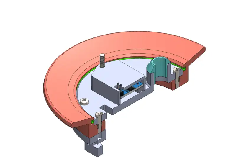 Section render of the bottle mount, with the sensor housings and the pipe connector.