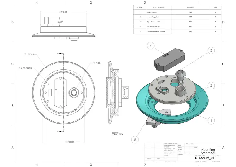Assembly drawing of the bottle mount, with its parts list.