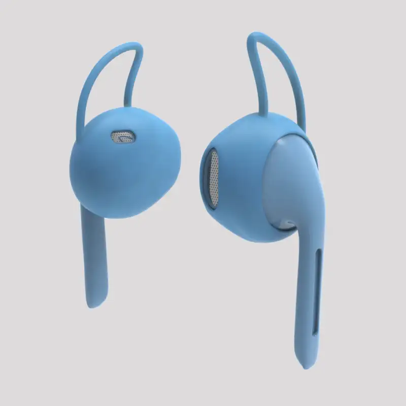 Render of the same earbuds in sky blue.