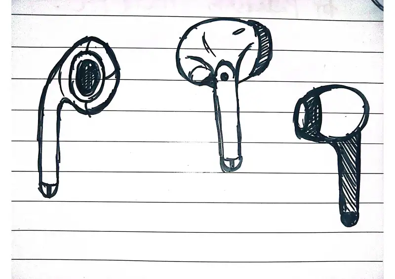 Pen sketches of earbud shapes on lined paper.