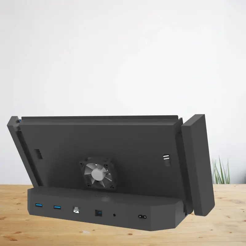 Render of the docking station with a tablet, from the side.
