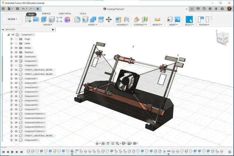 CAD model of the docking station’s tilt mechanism in a design window.