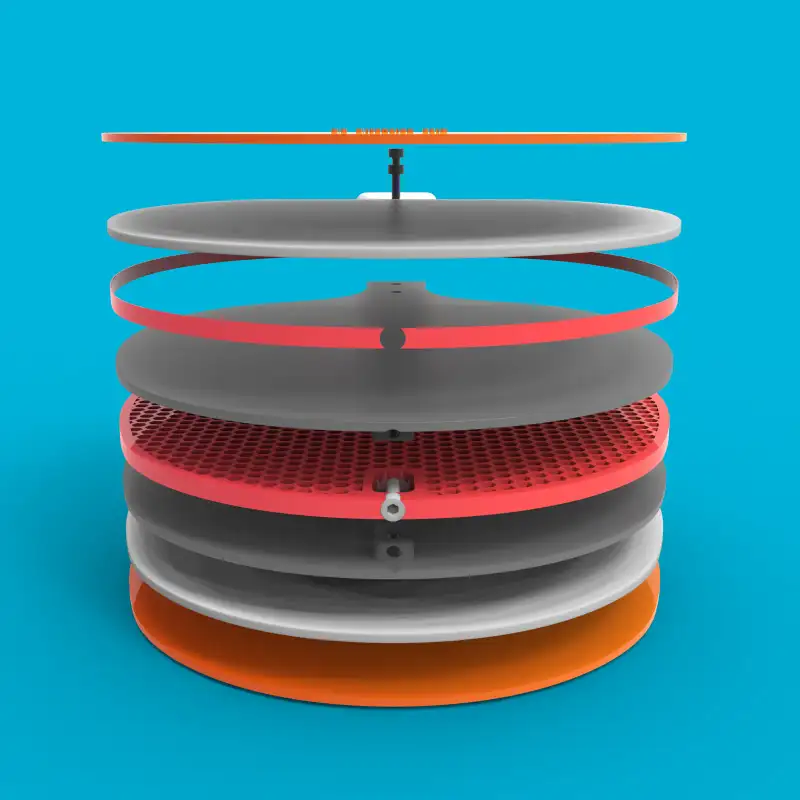 Exploded stack of circular layers around a central rod.