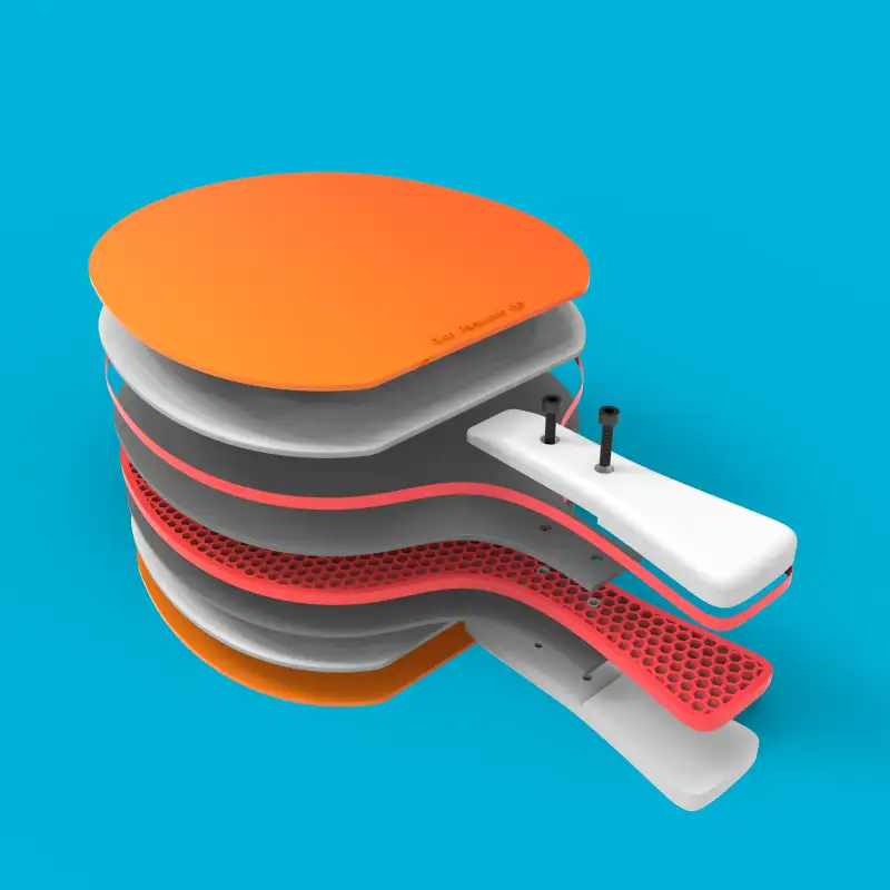 Exploded view of the table tennis racket’s layers.