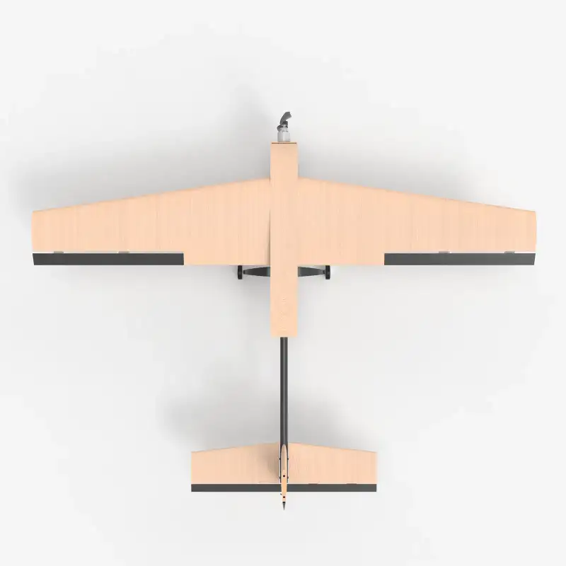 Top view of the UAV, showing the wing, the tail boom and the tailplane.