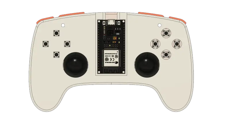Top view of the controller layout, with the ESP32 mount between the two sticks.