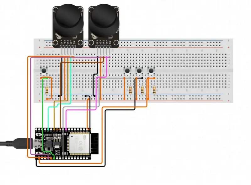 Breadboard wiring of the ESP32 with two joysticks and three buttons.