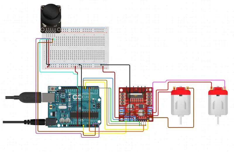 Circuit diagram: an Arduino, an L298N motor driver, a joystick and two DC motors.