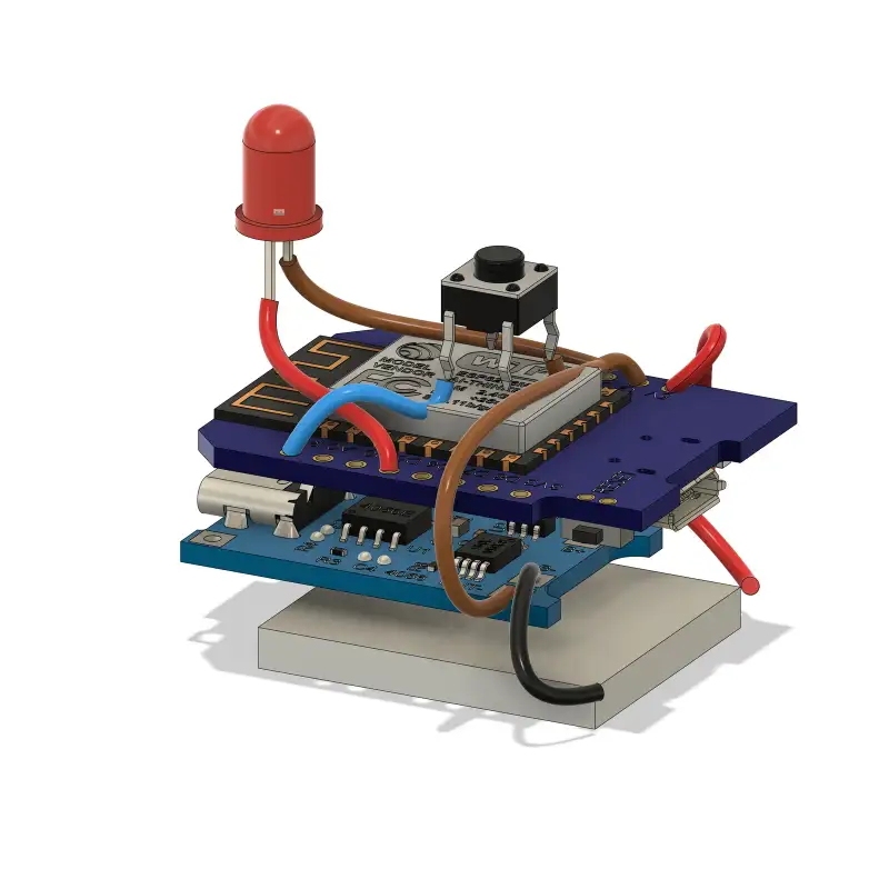 Render of the electronics stack: the D1 Mini, the battery board and a red indicator light.
